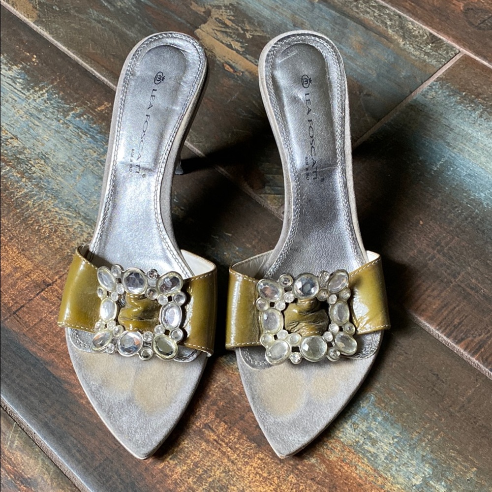 Lea Foscati Green and Silver Women's Slide Sandals